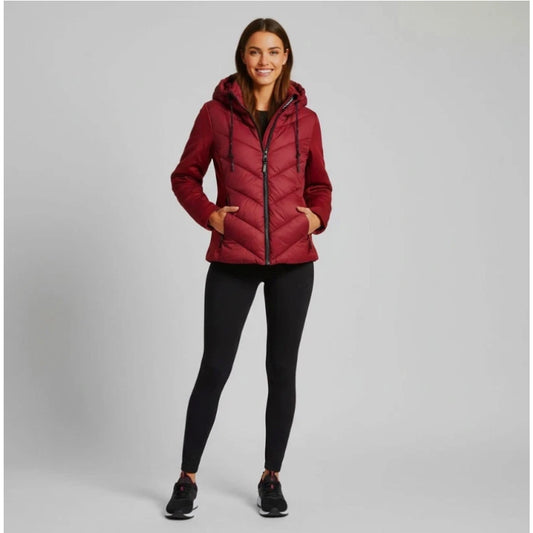 DKNY Women's Hooded Puffer Jacket Scuba Sleeves Red Size M