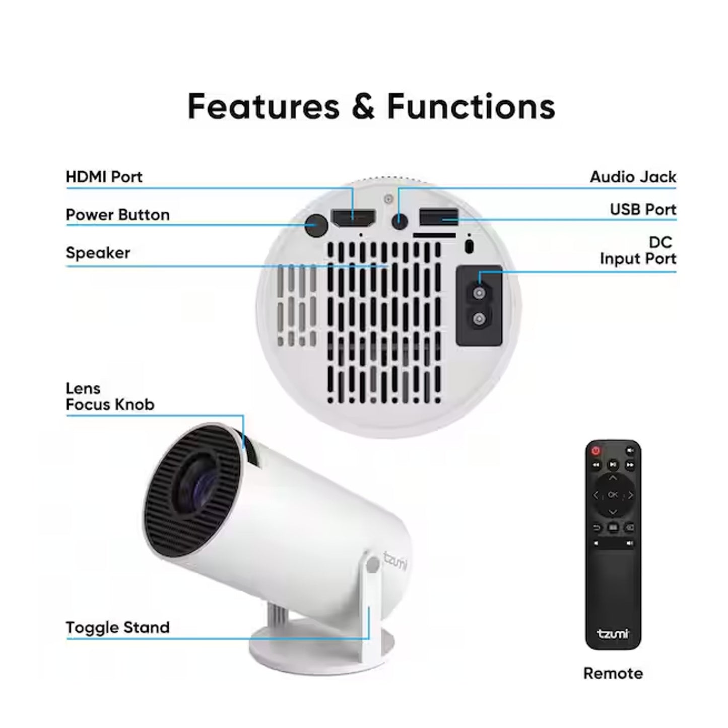 Tzumi 30469HD 1280 x 720 HD Movie Projector with Stand 360 Lumens