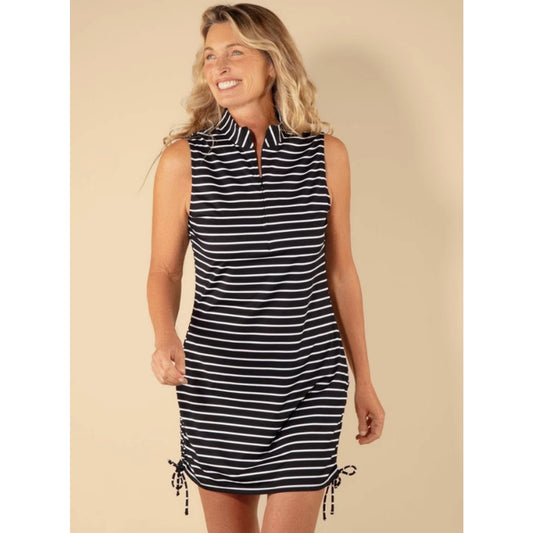 Lands' End Swim Cover Up Dress Sleeveless Mock Neck Zip Black Stripe Size XS