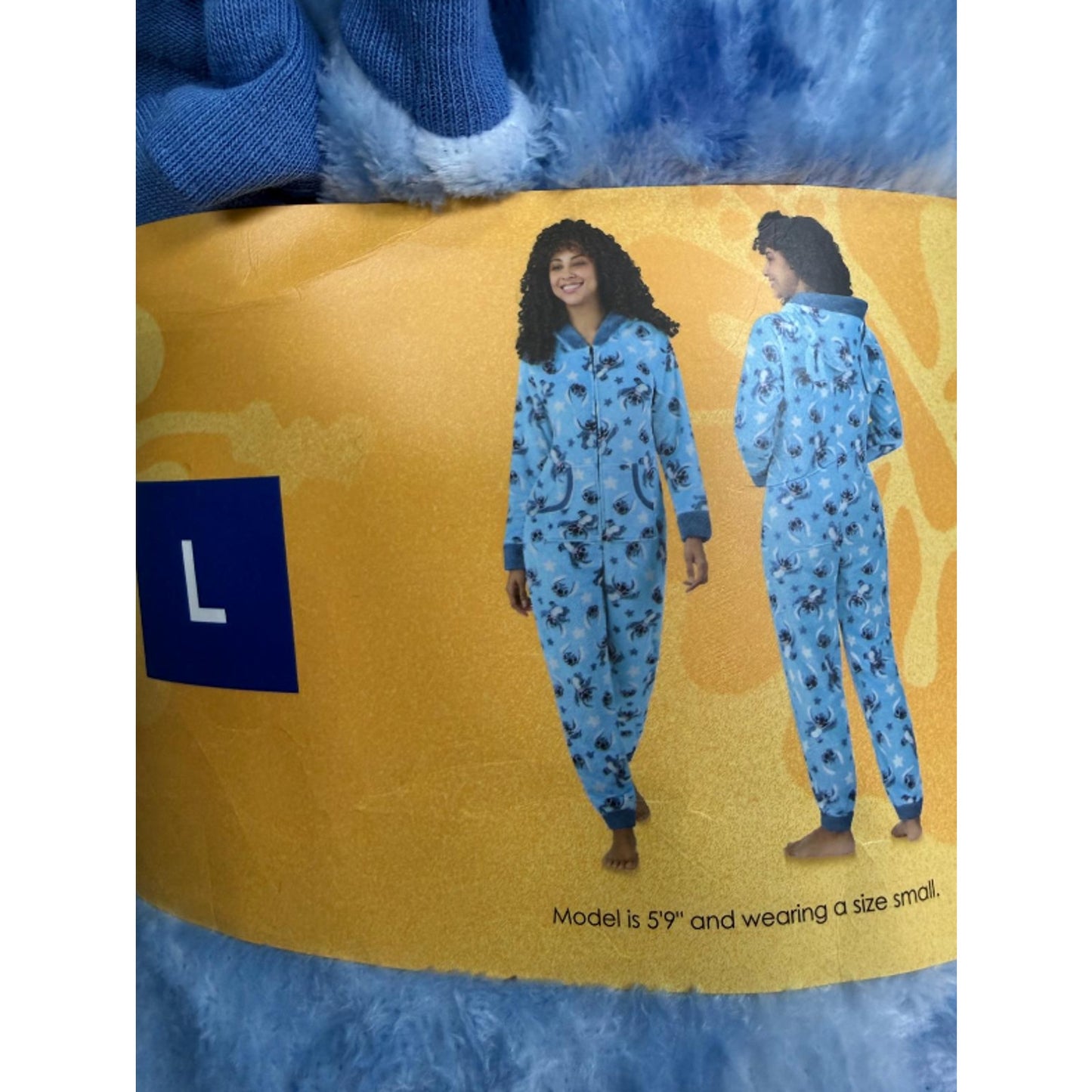 Disney Stitch Women’s One-piece Pajama Blue Jumper 3 D ears Hooded L New