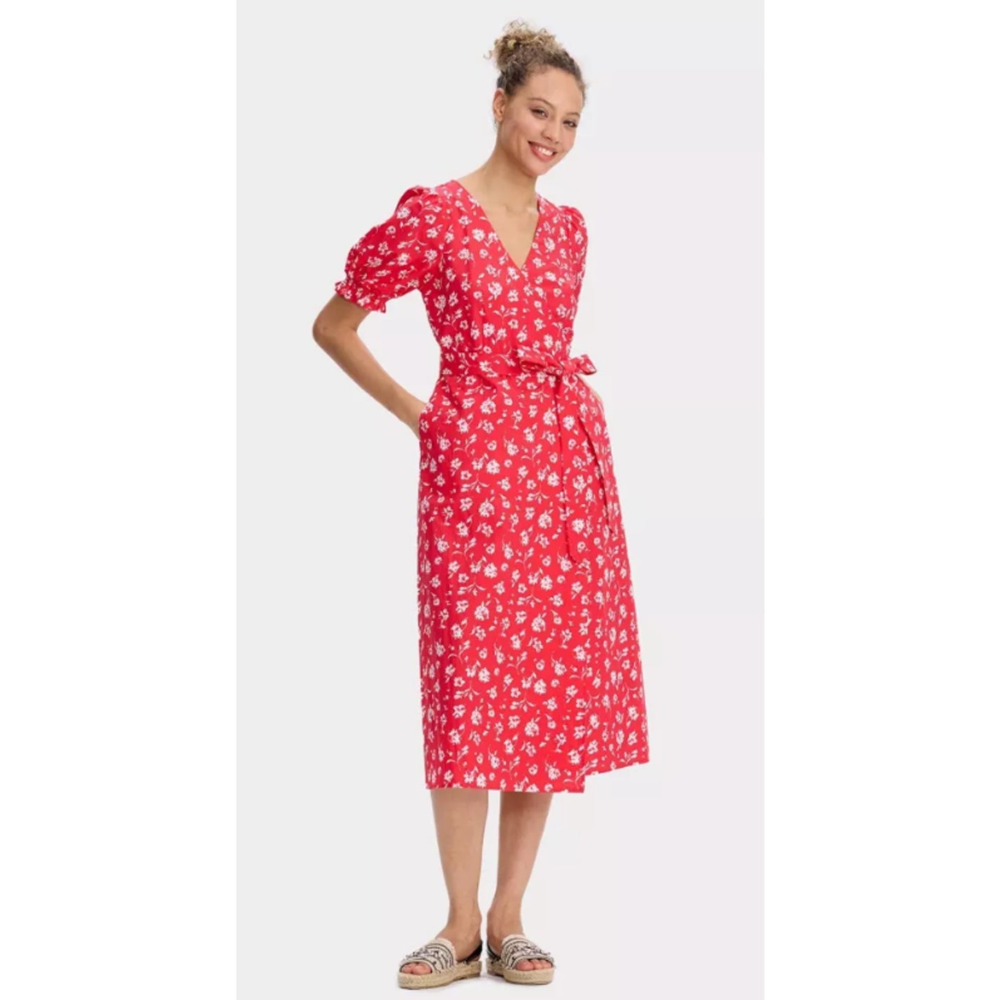 Universal Thread Women's Puff Short Sleeve MIDI Wrap Dress -  Red Floral S