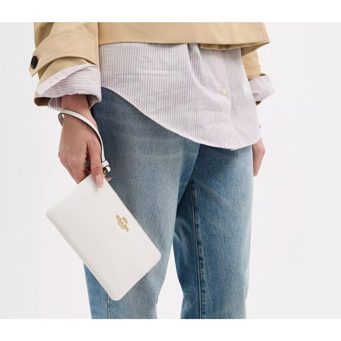 Coach Womens Crossgrain Leather Corner Zip Wristlet Chalk New 58032