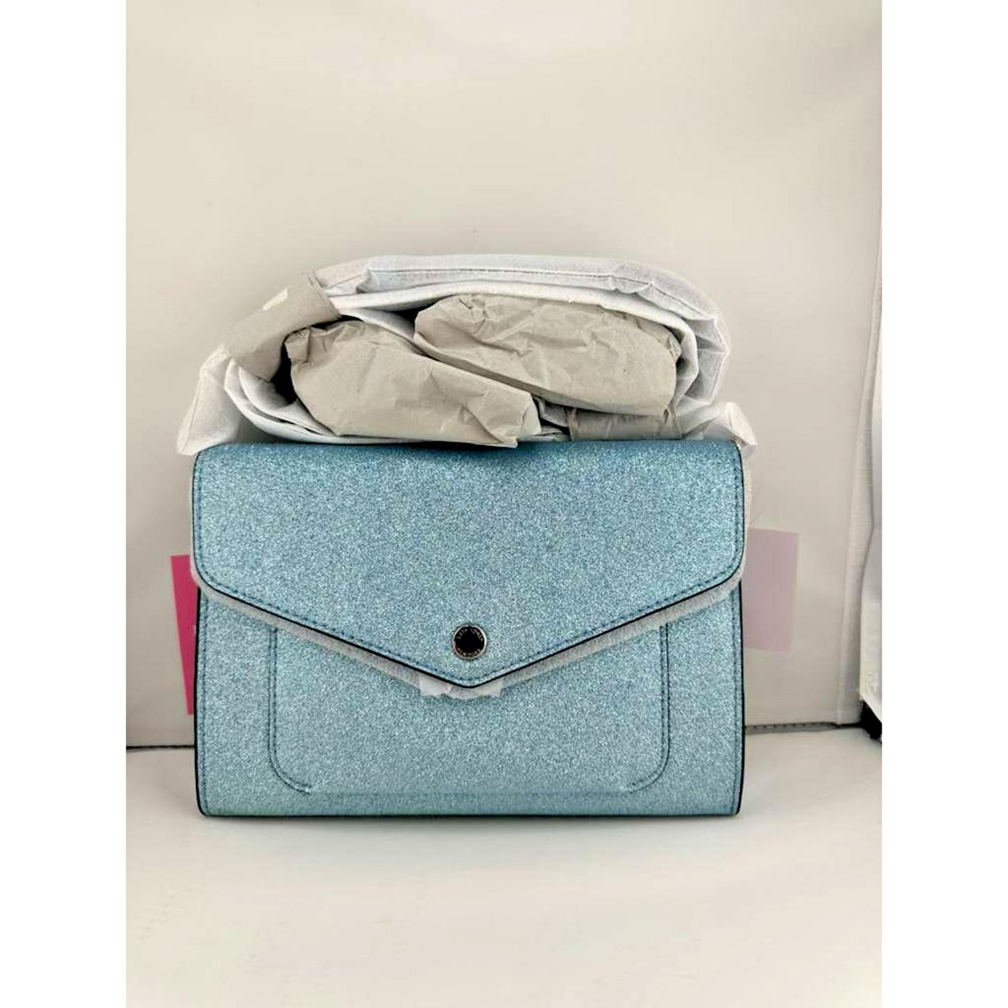 Kate Spade New York Glitter Fabric Frosty Sky Blue Tinsel Flap Crossbody K9336