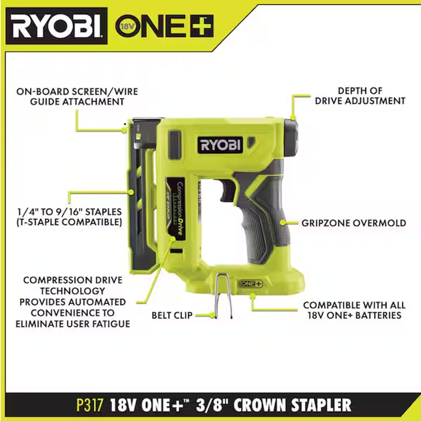 Ryobi P317 ONE+ 18V Cordless Compression Drive 3/8 in. Stapler (Tool Only)