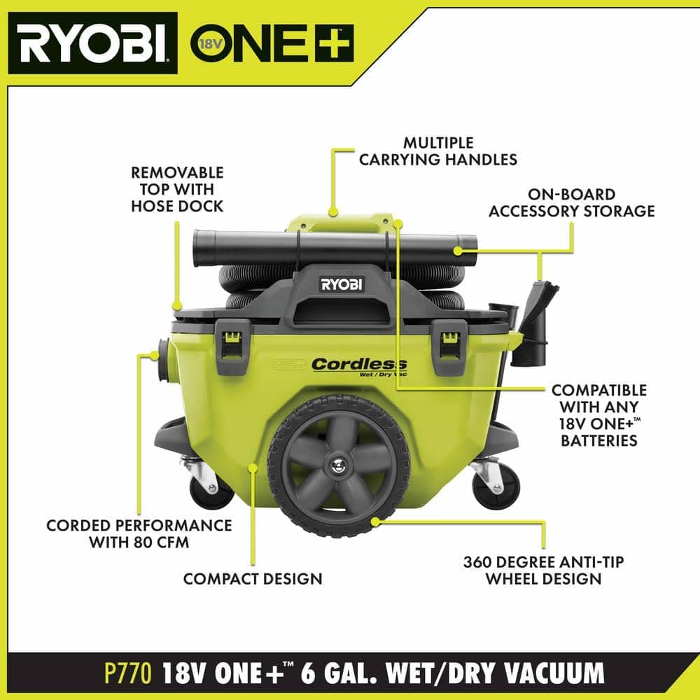 Pacroban ONE+ 18V Cordless 6 Gal. Wet/Dry Vacuum Kit with 4.0 Ah Battery, Charger and Vacuum Accessories