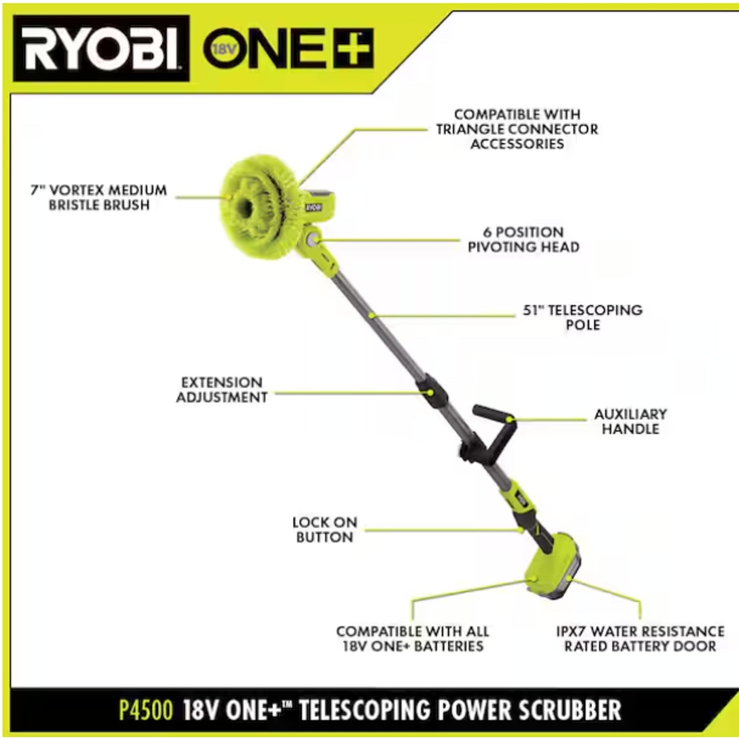 Ryobi ONE+ 18V P4500K Telescoping Power Scrubber Kit w/ 2.0Ah Battery &Charger