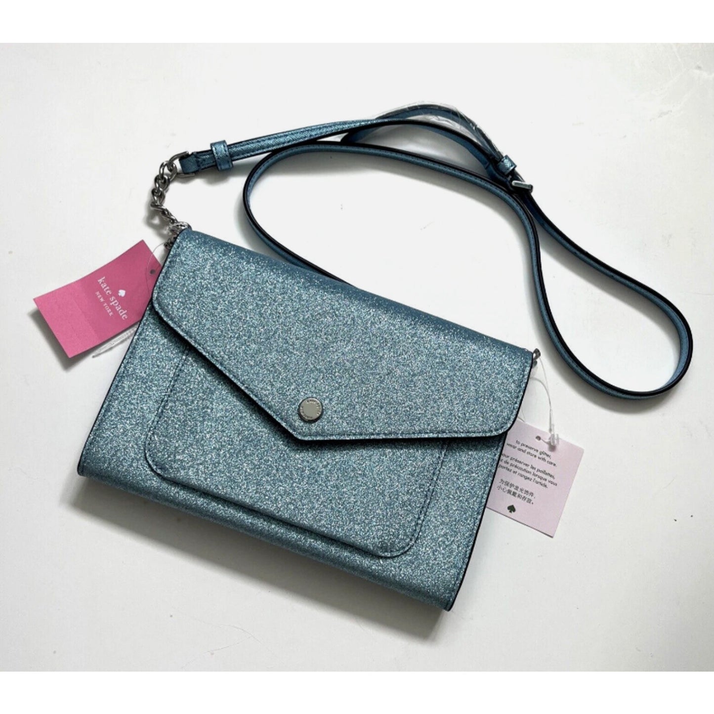 Kate Spade New York Glitter Fabric Frosty Sky Blue Tinsel Flap Crossbody K9336