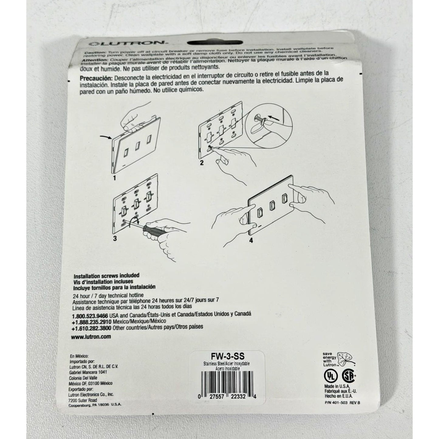 Lutron Fassada 3 Gang Wallplate Toggle Dimmer & Switches, FW-3-SS, Stainless
