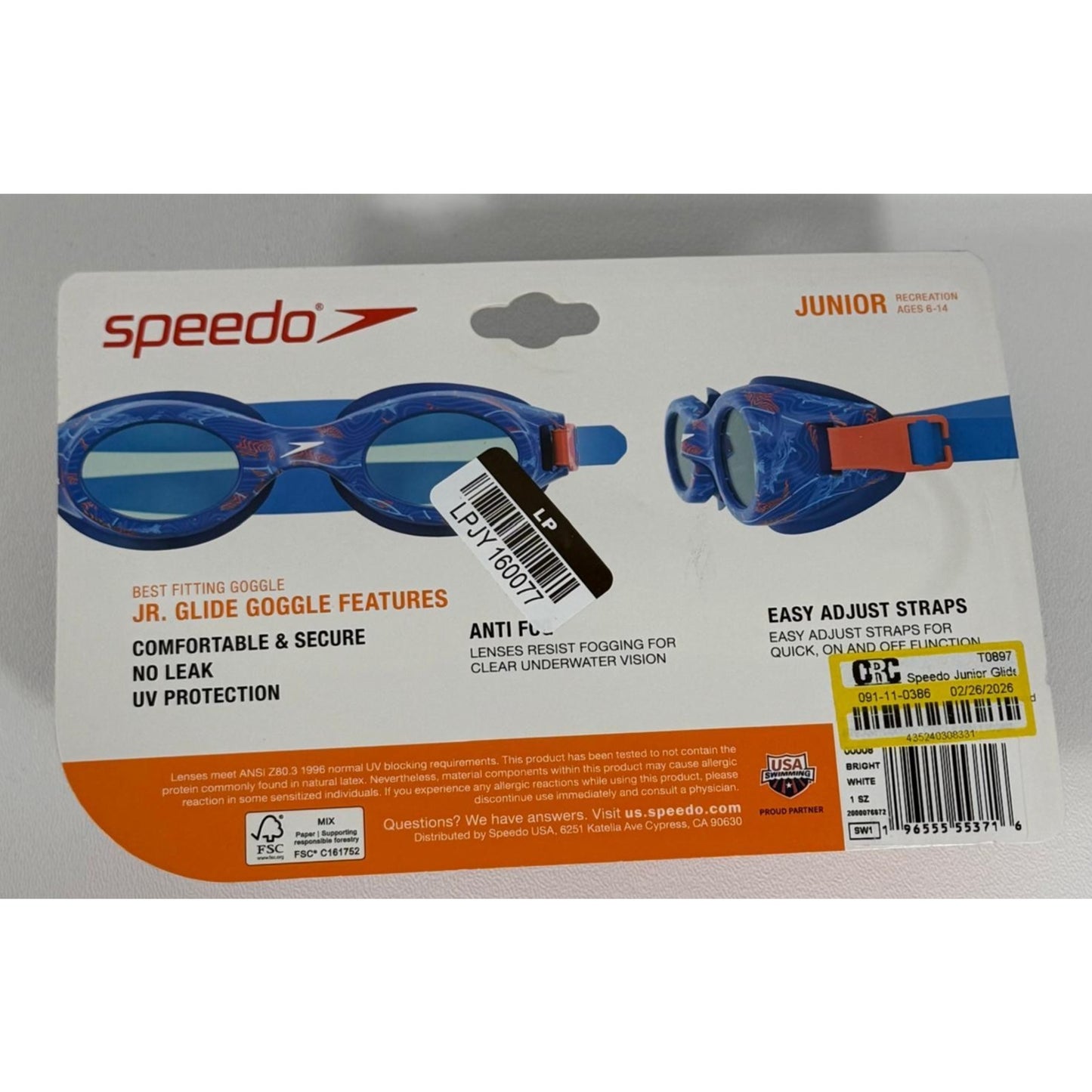 Speedo Junior Glide Print Swim Goggles Ages 6-14 Easy Adjust Straps UV Protect