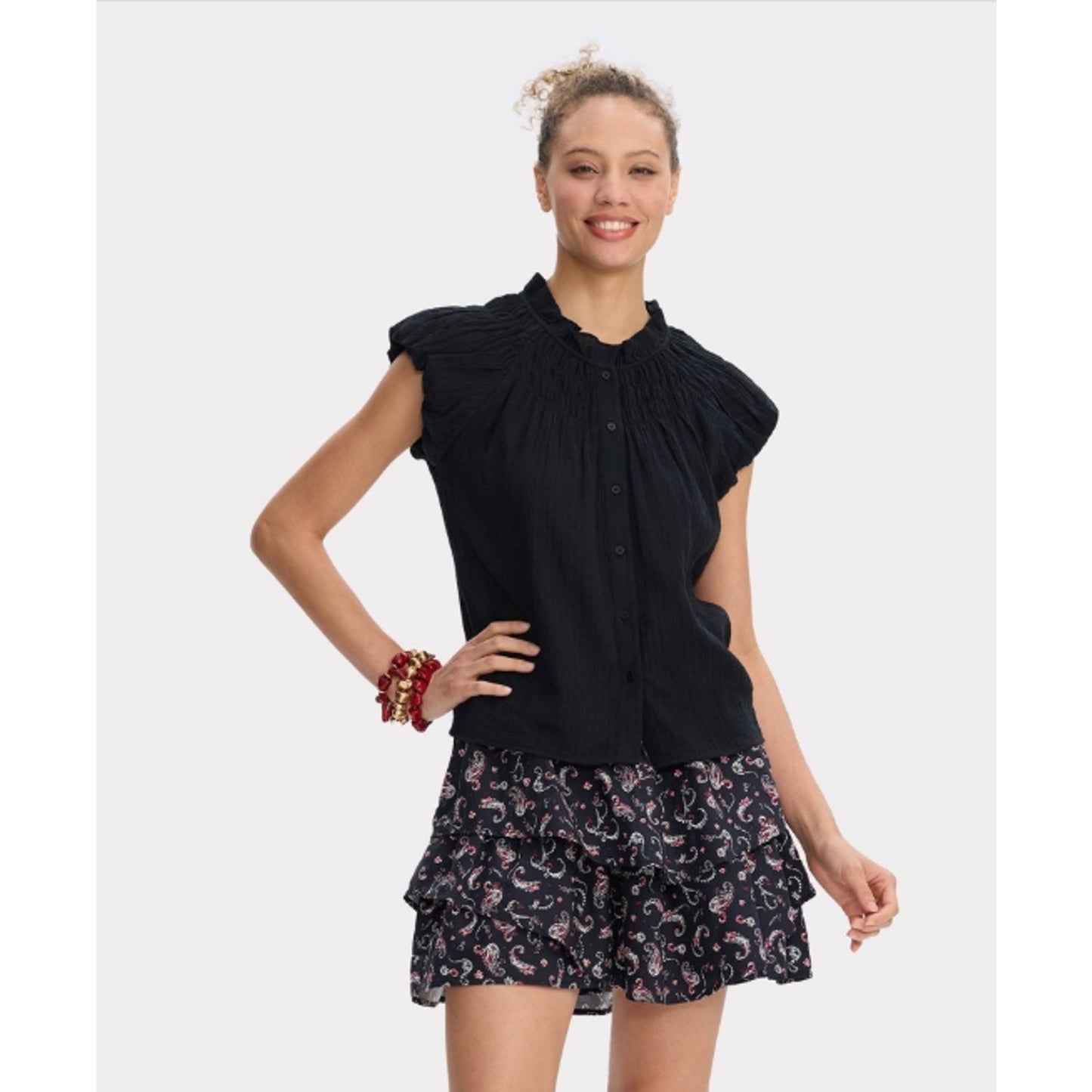Women's Smocked Puff Short Sleeve Button-Front Blouse -Universal Thread Black XS