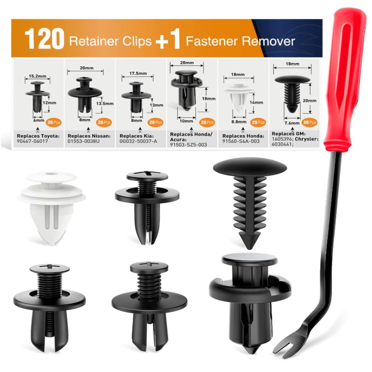 120PCS Car Bumper Push Retainer Clips & Nylon Fasteners Rivet Kit 6mm 7.6
