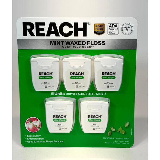 Reach Mint Waxed Floss 5 Count x 100 Yards
