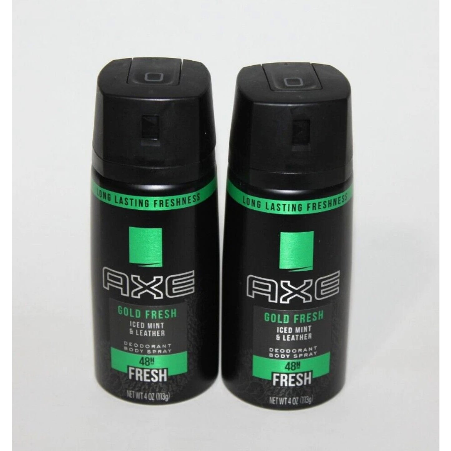 (2) AXE GOLD FRESH DEODORANT BODYSPRAY ICED MINT & LEATHER 48HR FRESH 4 OZ