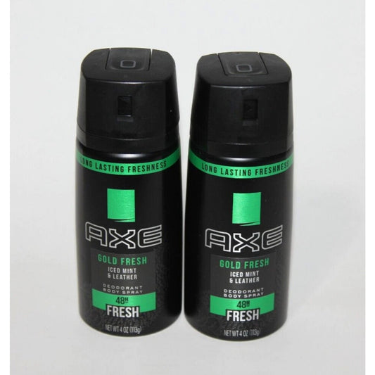 (2) AXE GOLD FRESH DEODORANT BODYSPRAY ICED MINT & LEATHER 48HR FRESH 4 OZ