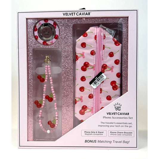 Velvet Caviar Pink Cherry Cell Phone Accessories Set Travel Bag Grip & Bracelet