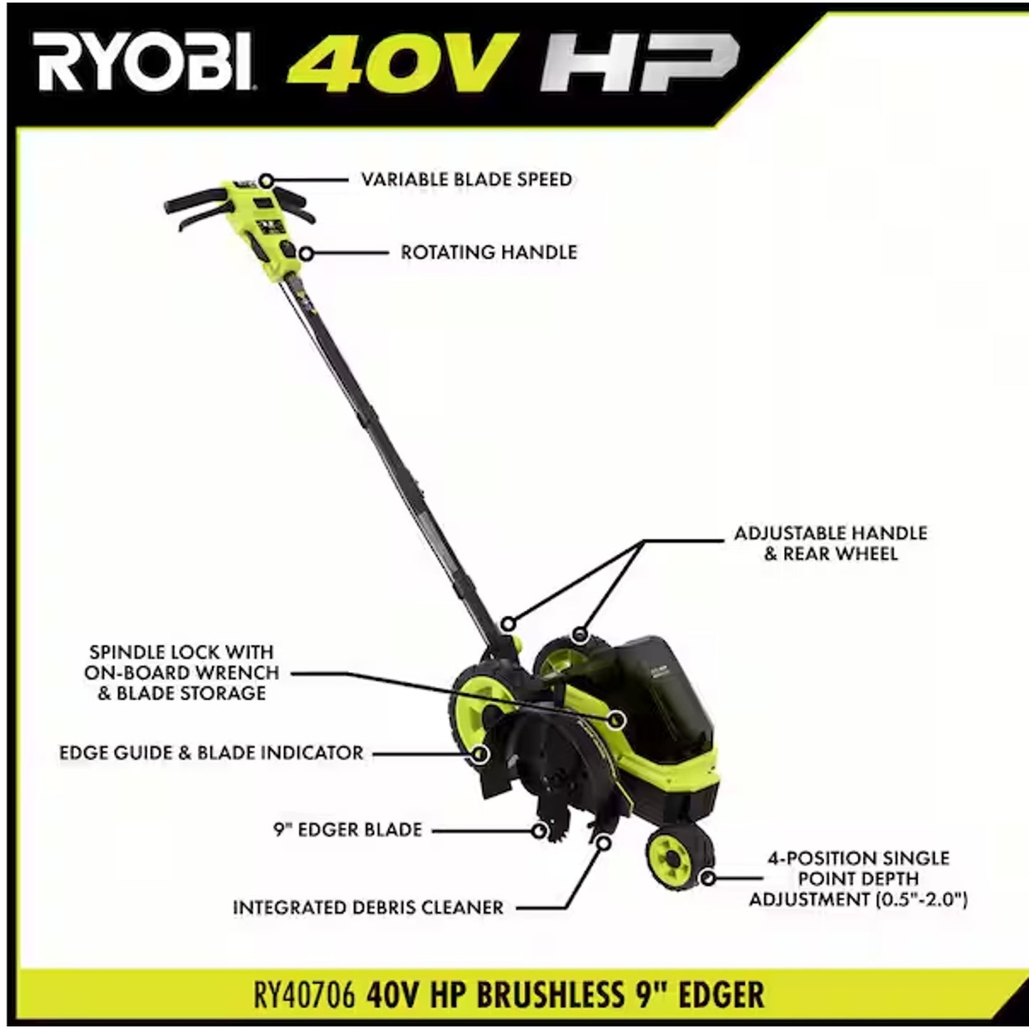 RYOBI RY40706 HP Brushless 9 in. Cordless Edger With 40V 4Ah Battery &Charger