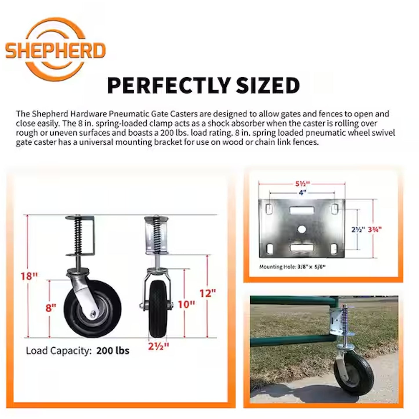 8 in Swivel Gate Casters Spring Loaded Black Rubber 200 lb 2 Pack 9798E-2