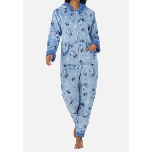 Disney Stitch Women’s One-piece Pajama Blue Jumper 3 D ears Hooded L New