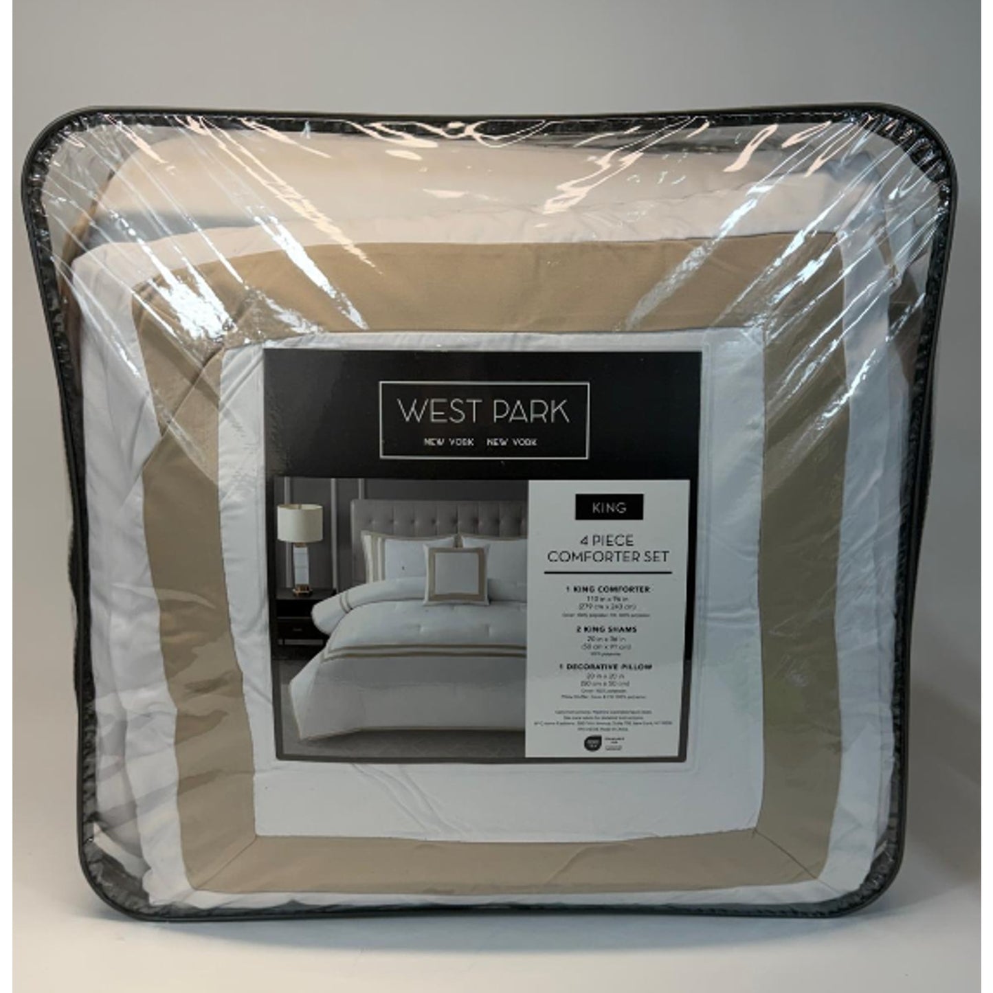 West Park New York Border Pattern White/Taupe King 4-Piece Comforter Set