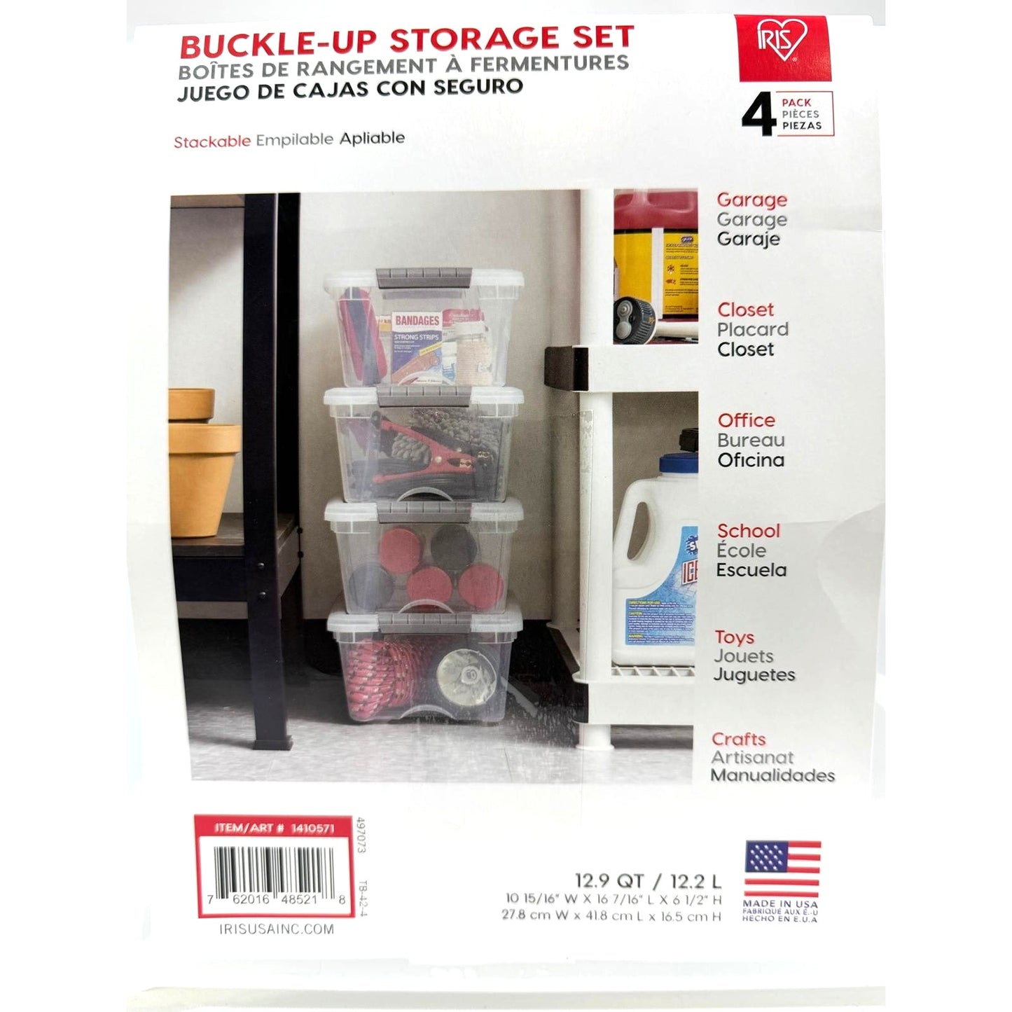 Iris Buckle-Up Storage Set 12.9 Quart 4 Pack Clear Plastic Storage Boxes W/ Lids