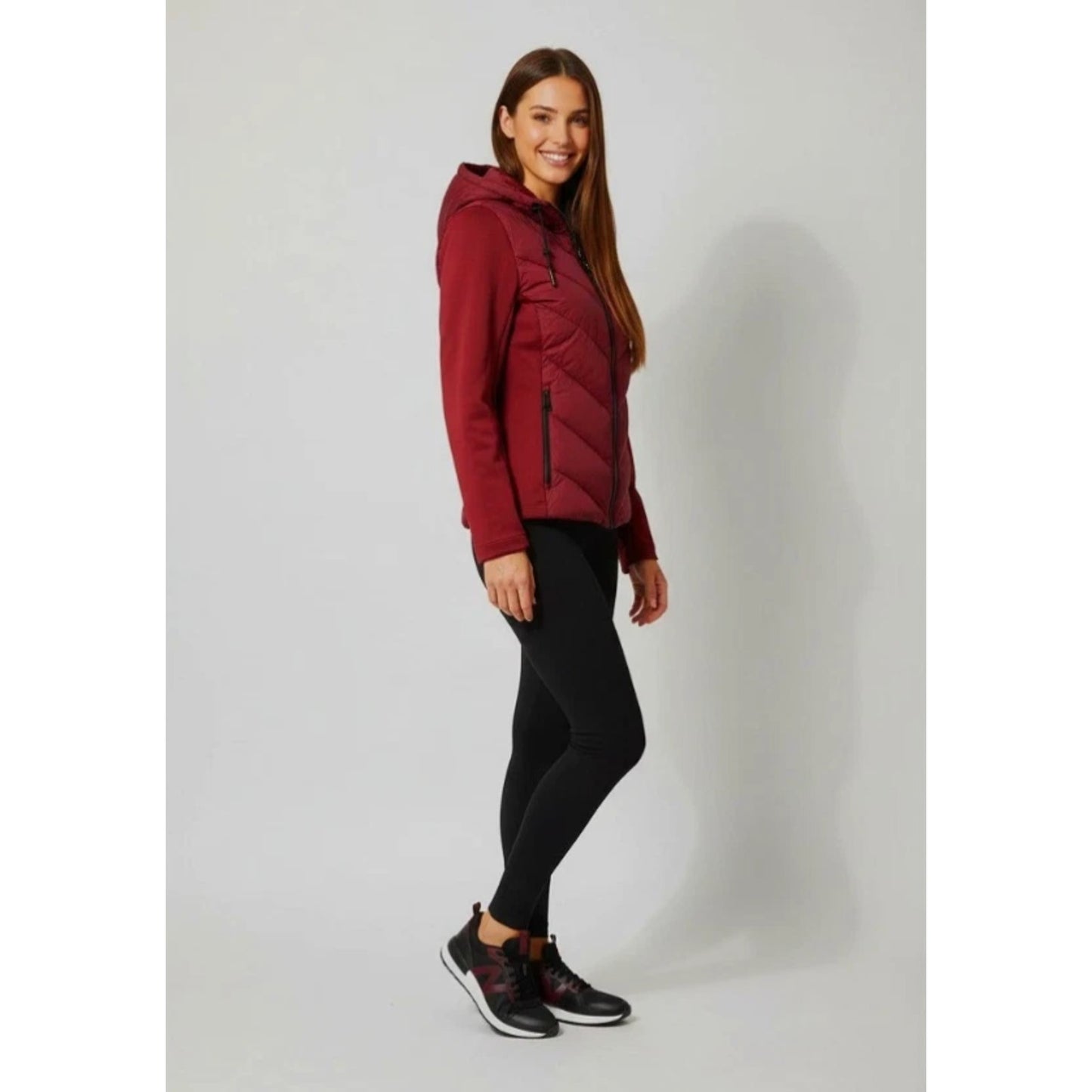 DKNY Women's Hooded Puffer Jacket Scuba Sleeves Red Size M
