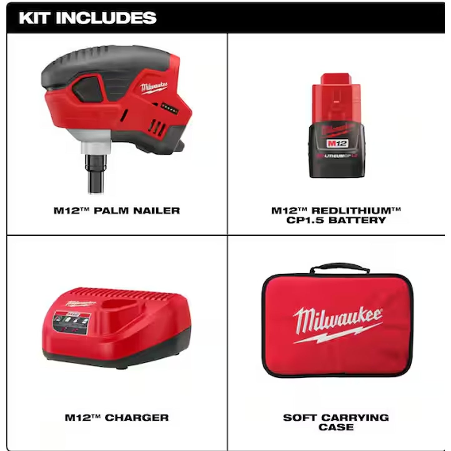 Milwaukee M12 12V Cordless Palm Nailer Kit Battery, Charger & Tool Bag 2458-21