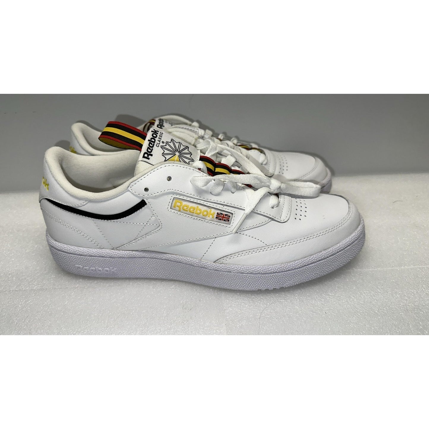 Reebok Club C 85 MU Sneaker in White with Collegiate Gold/Red EG5248 Size 11.5