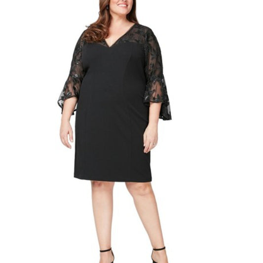 Alex Evenings Women's Black Embroidered Illusion Bell-Sleeve Dress Plus Size 16W