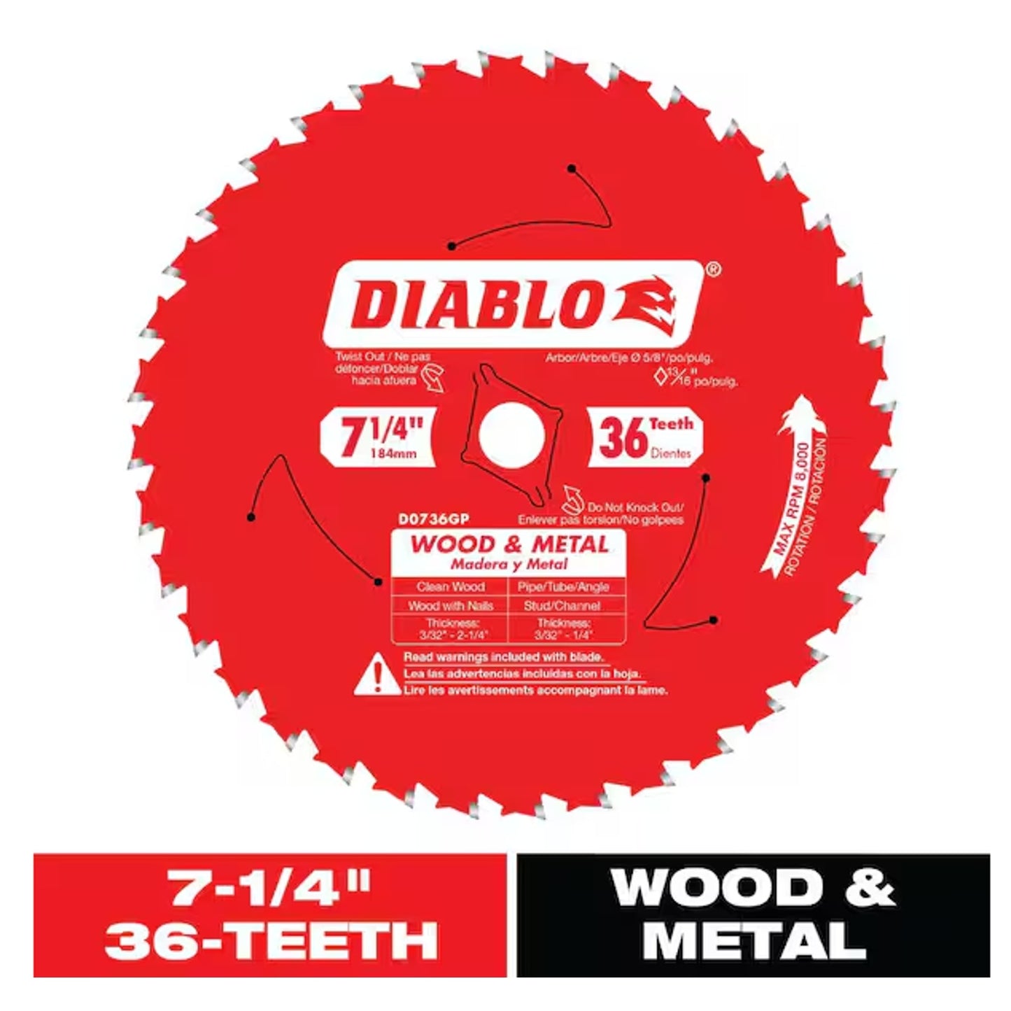 (2 Blade Pack) Diablo D0736GP 7-1/4” x 36T Carbide Circular Saw Blade Wood/Metal