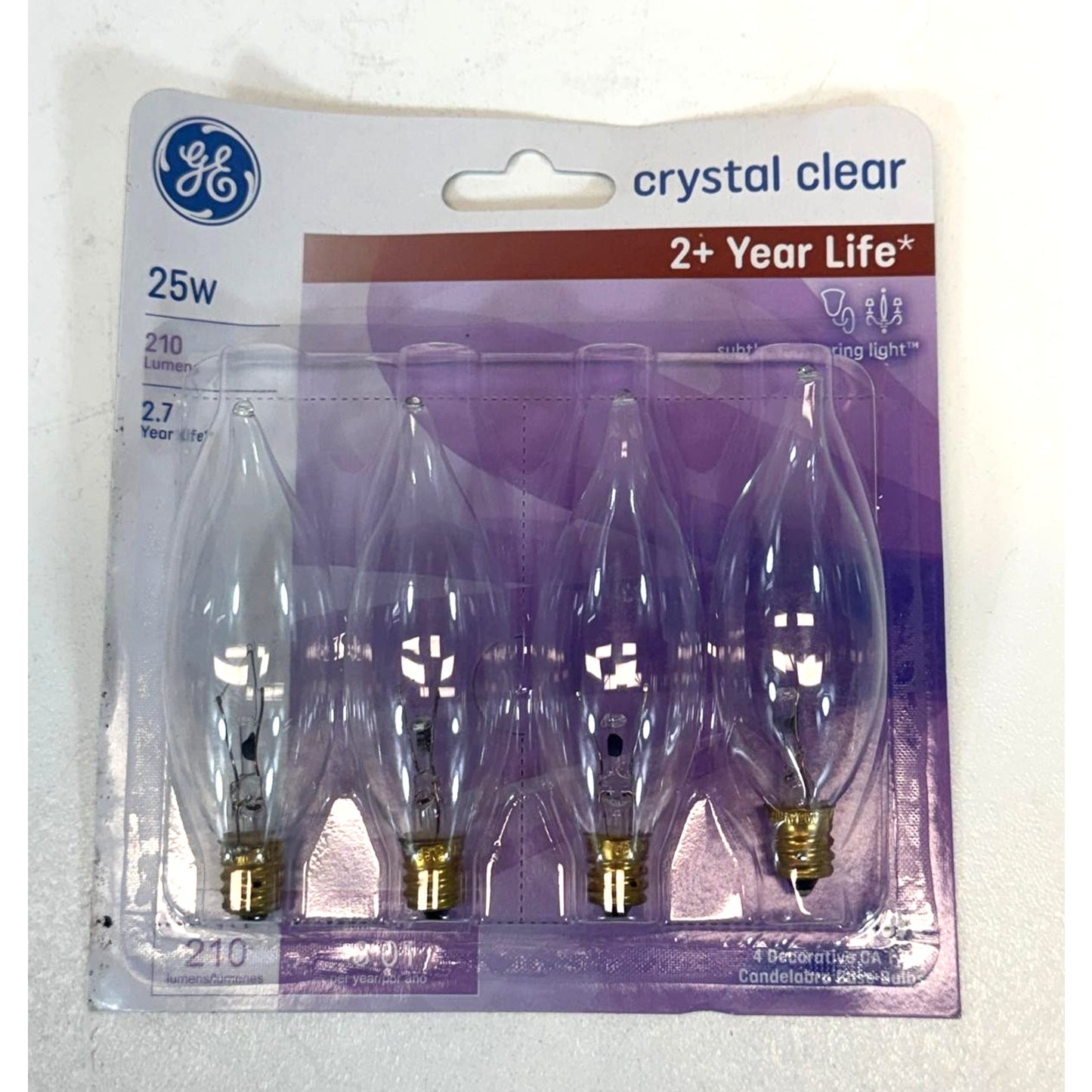 Crystal Clear GE 25W Candelabra Base Light Bulbs CA Type 210 Lumens 4 Pack