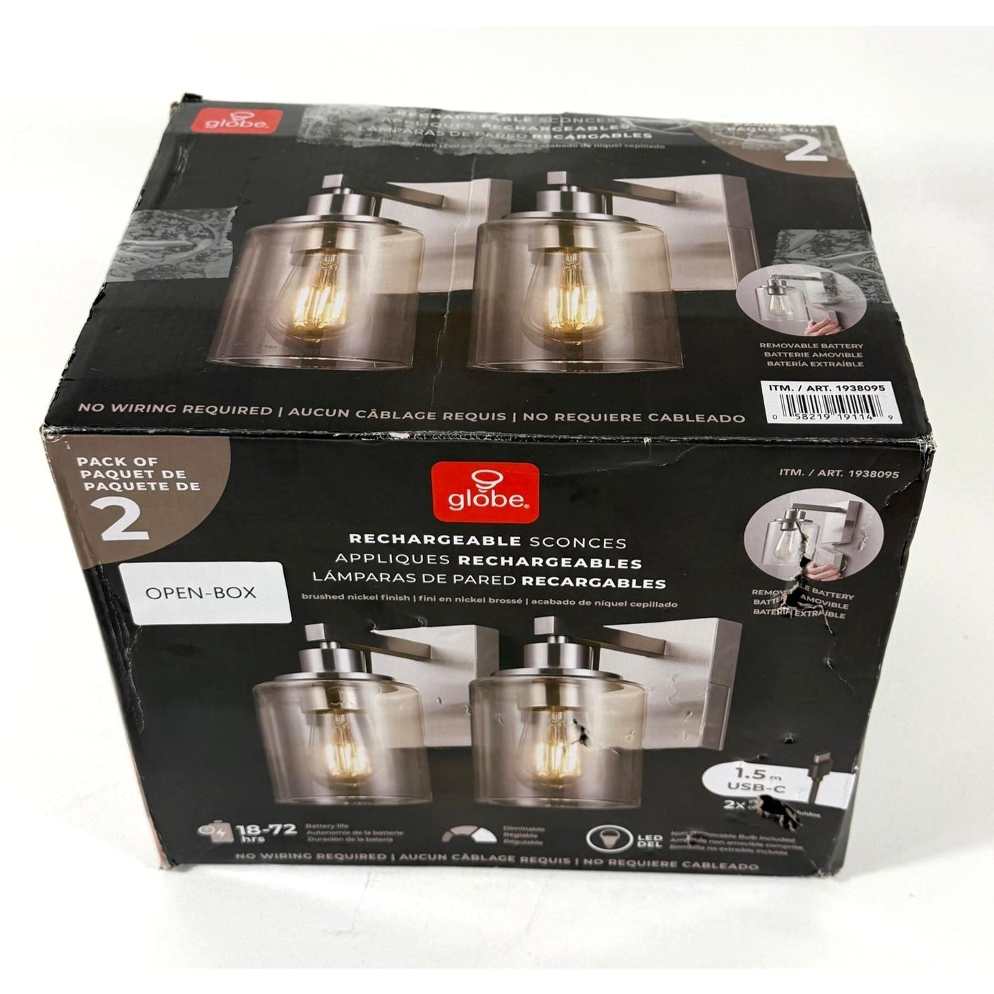 Globe Rechargeable Wall Sconces - Brushed Nickel Finish (Pack of 2)