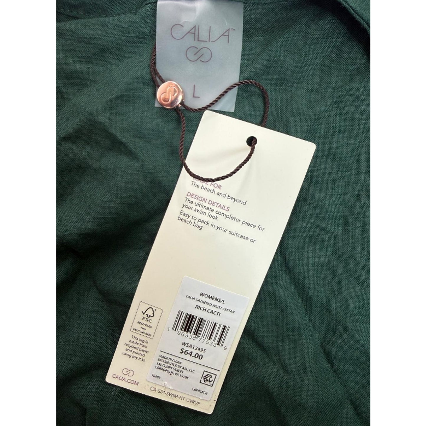 Calia Linen Blend Swim Cover Up Tunic Kaftan Drawstring Green Size L