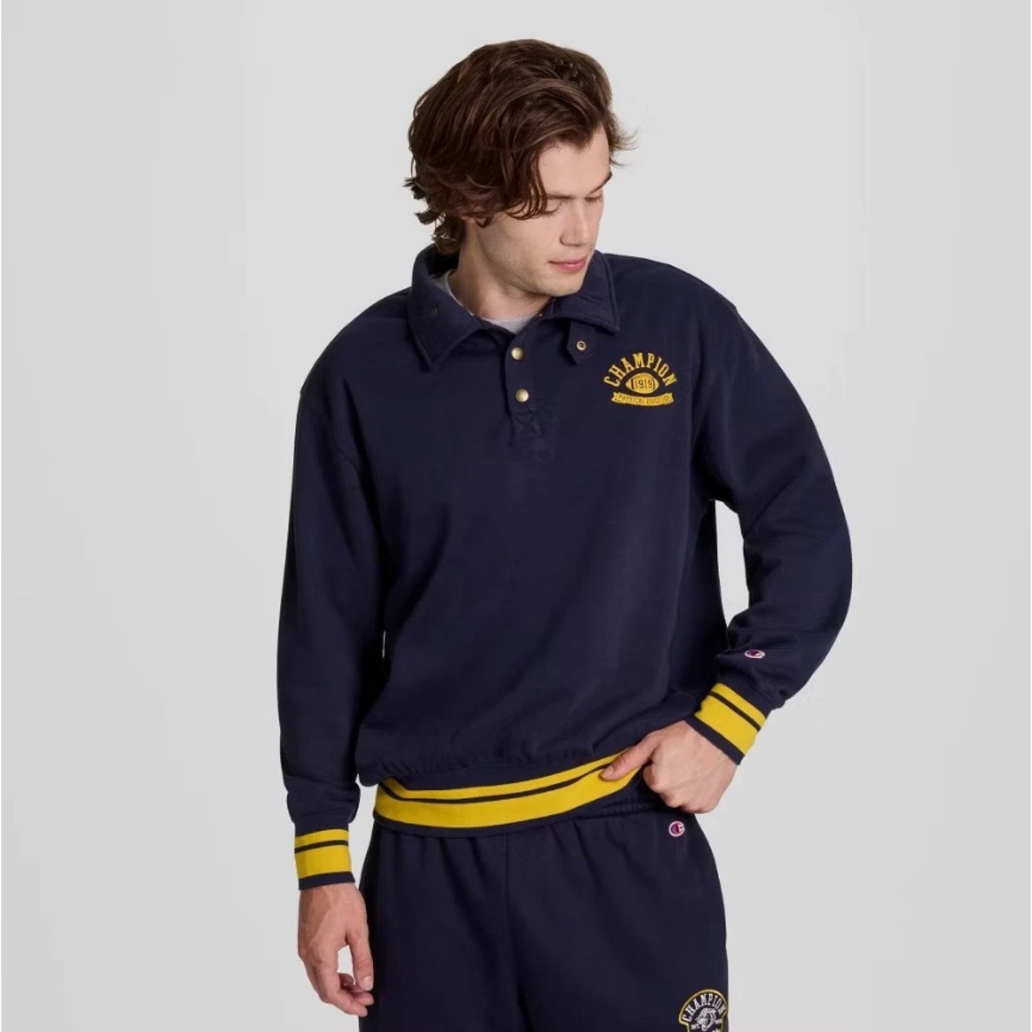 Champion Men's Physical Education Snap Mock Sweatshirt - Navy Medium