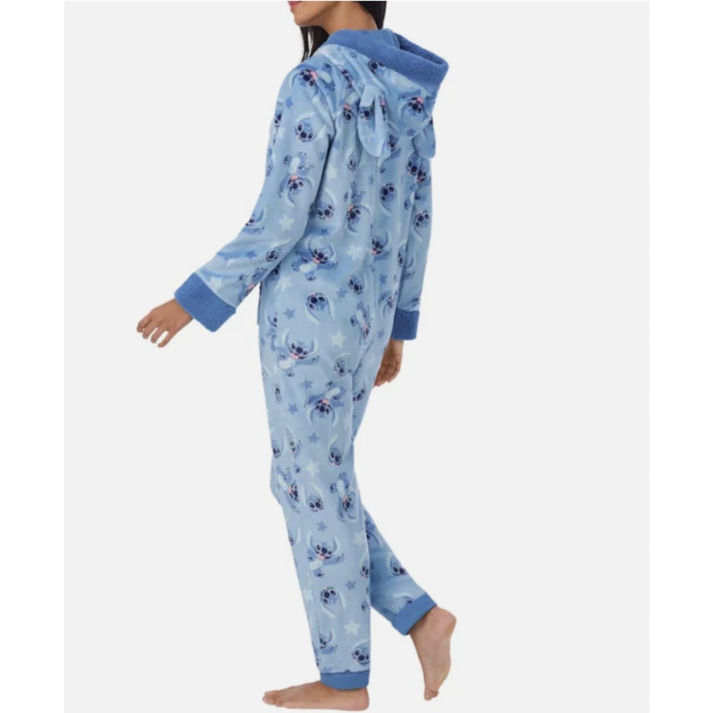 Disney Stitch Women’s One-piece Pajama Blue Jumper 3 D ears Hooded M New