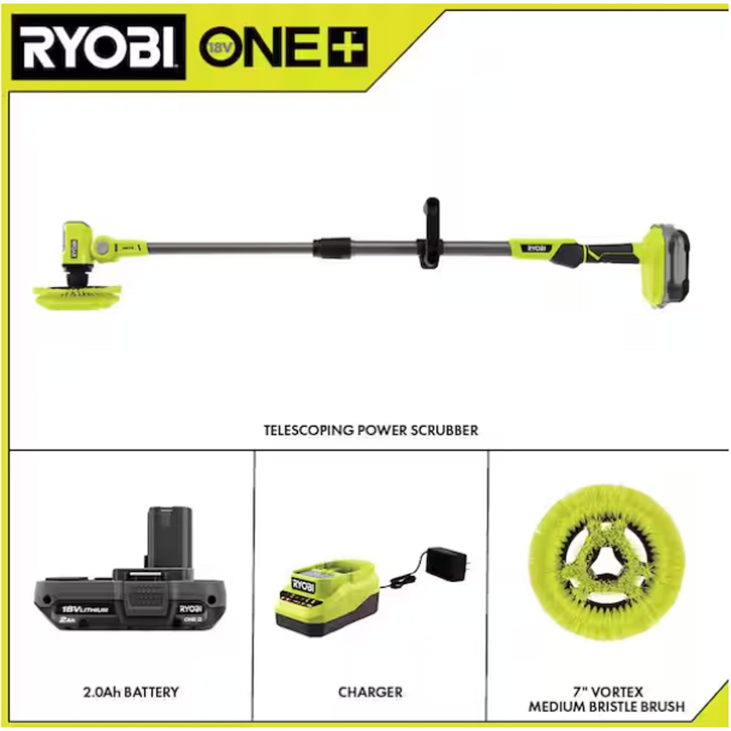 Ryobi ONE+ 18V P4500K Telescoping Power Scrubber Kit w/ 2.0Ah Battery &Charger