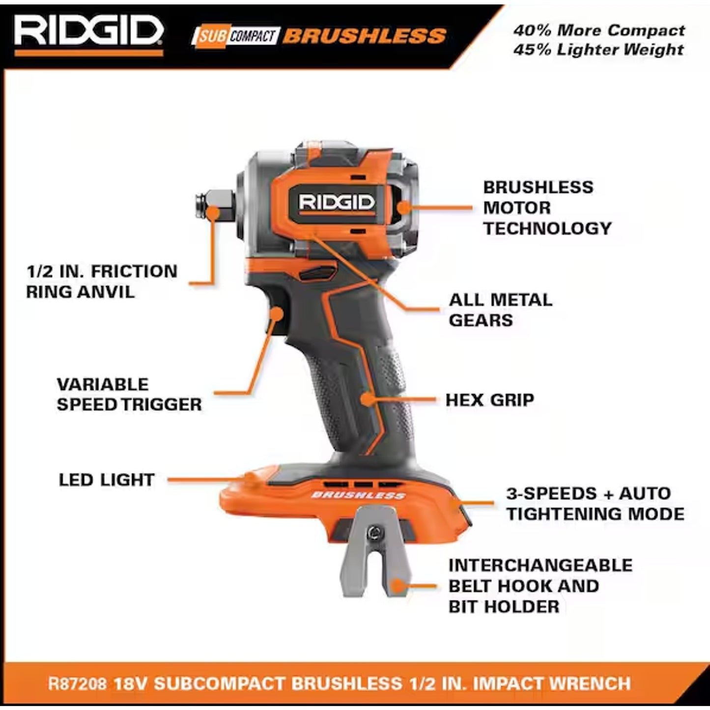 Ridgid R87207K 18V SubCompact Brushless 4-Mode 1/2 in. Impact Wrench Kit