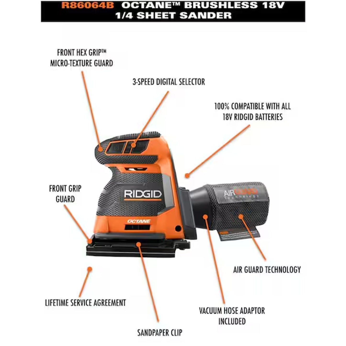 RIDGID OCTANE Cordless Brushless 3-Speed Sander Kit With Battery & Charger