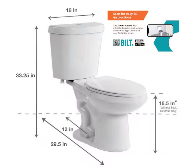 12 inch Rough In Two-Piece 1.1 GPF/1.6 GPF Dual Flush Elongated Toilet in White Seat Included