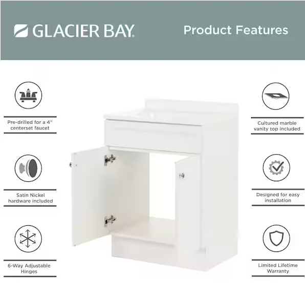 25 in. Single Sink White Bath Vanity with White Cultured Marble Top (Assembled)