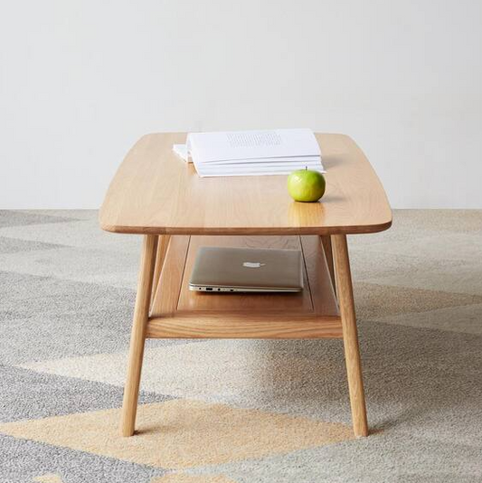 39.37 in. Natural Oak Rectangle 100% Solid Wood Low Coffee Table with Storage Shelf