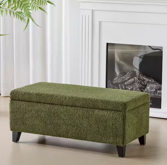 Breanna Modern Green Boucle Fabric Upholstery Storage Ottoman with Solid Wood Legs Flip-Top Lid