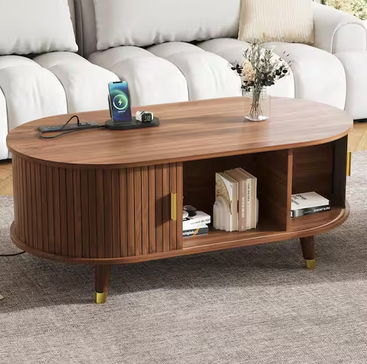 42.5 in. Walnut Oval Fluted Wood Coffee Table with Charging Station, Sliding Tambour Door, Solid Wood Legs