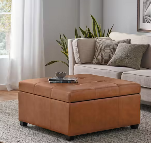 Carlsbad Tan Faux Leather Storage Ottoman