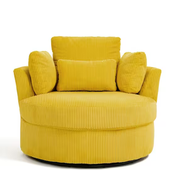 Mustard Yellow Corduroy Fabric Upholstered 360° Swivel Accent Barrel Chair with Pillows (Set of 1)