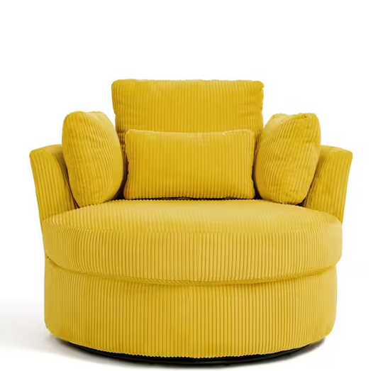 Mustard Yellow Corduroy Fabric Upholstered 360° Swivel Accent Barrel Chair with Pillows (Set of 1)
