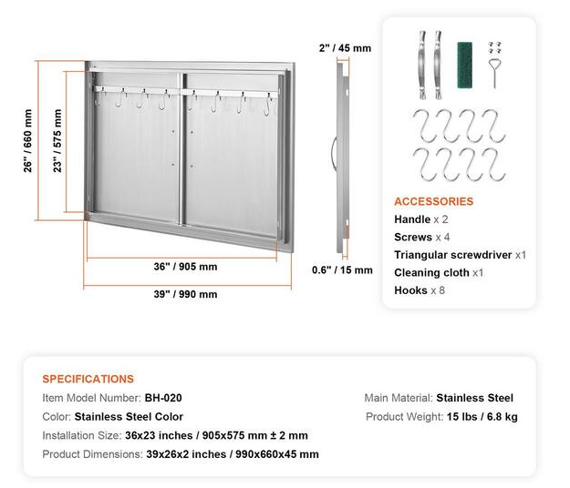 Double Outdoor Kitchen Door 39 in. W x 26 in. H BBQ Access Door Stainless Steel Flush Mount Door Wall Vertical Door