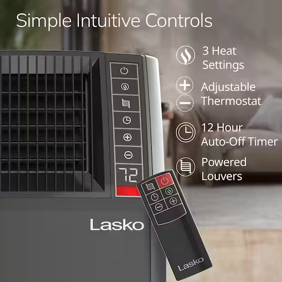 1500-Watt 20 in. Black Electric Console Ceramic Space Heater with Tip-Over Switch, Adjustable Louvers, Timer, Remote
