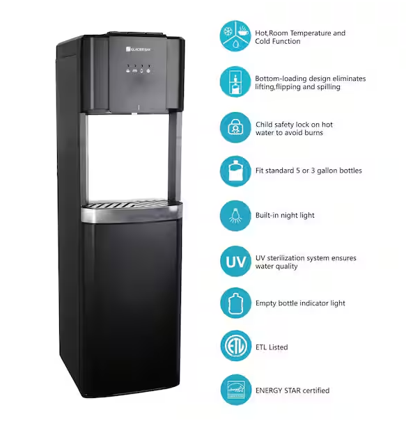 Matte Black and Stainless Steel Bottom Load Water Dispenser