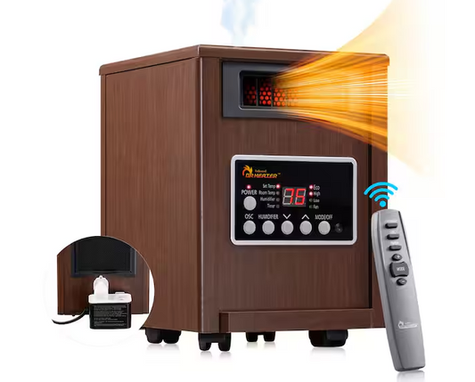 Electric Infrared Dual Heating System Space Heater with Humidifier, Oscillation Fan, and Remote Control in Walnut