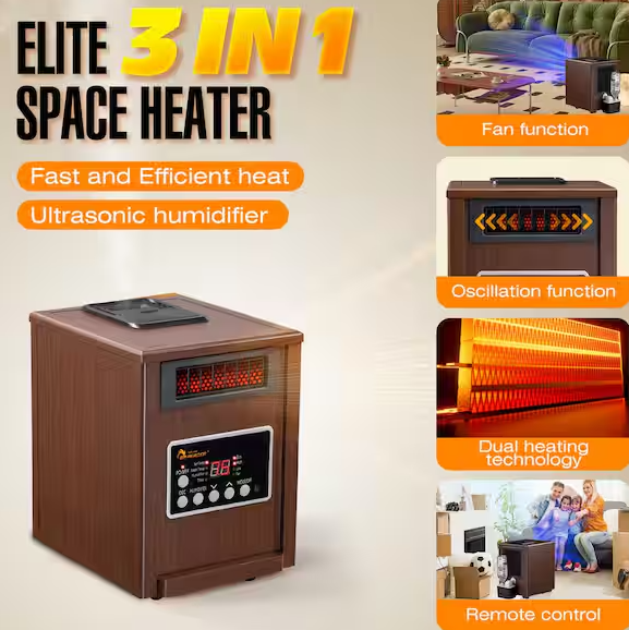 Electric Infrared Dual Heating System Space Heater with Humidifier, Oscillation Fan, and Remote Control in Walnut
